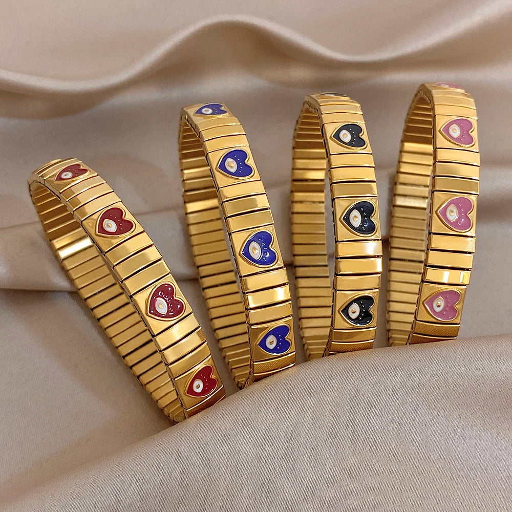 Chunky Gold Plated Stainless Steel Watch Band Bracelet Colorful Enamel Heart Evil Eye Elastic Bangle Bracelet Waterproof Jewelry
