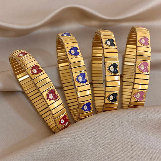 Chunky Gold Plated Stainless Steel Watch Band Bracelet Colorful Enamel Heart Evil Eye Elastic Bangle Bracelet Waterproof Jewelry