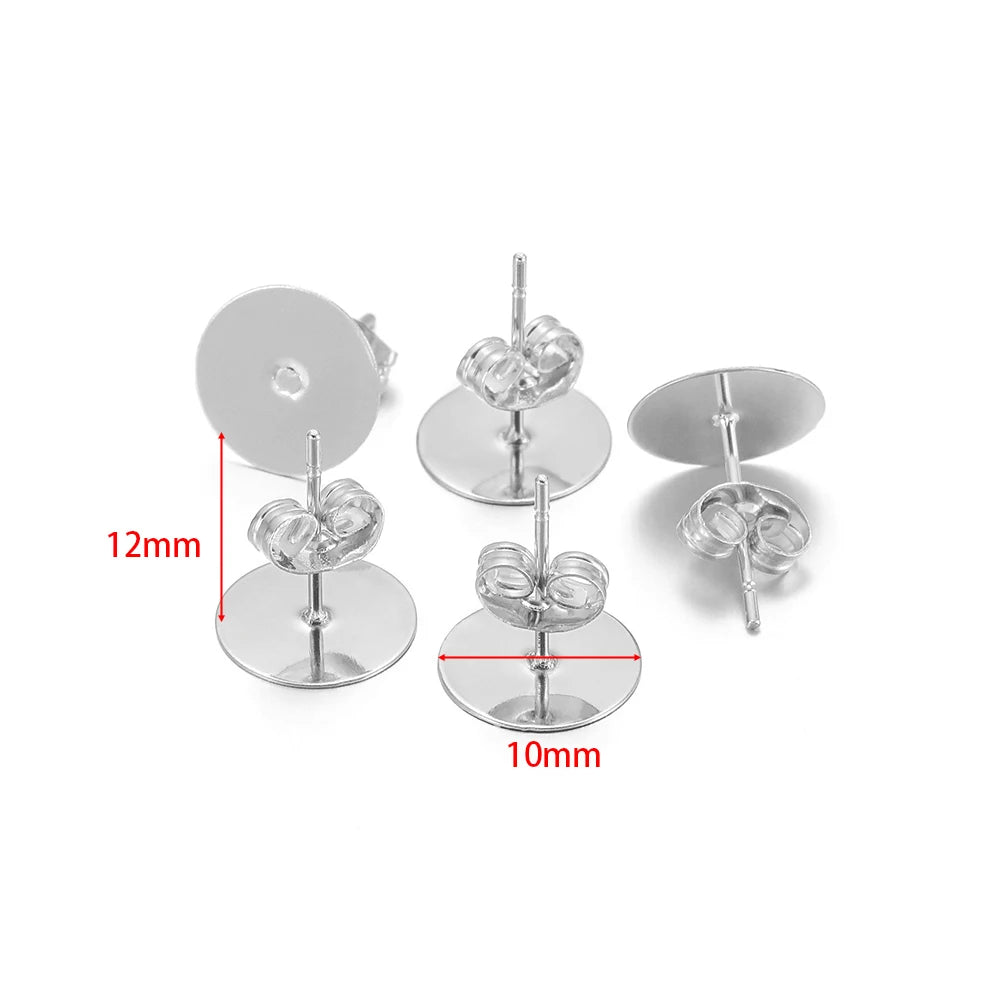 Round flat blank ear stud settings, silver-tone, 12mm posts with 10mm base discs