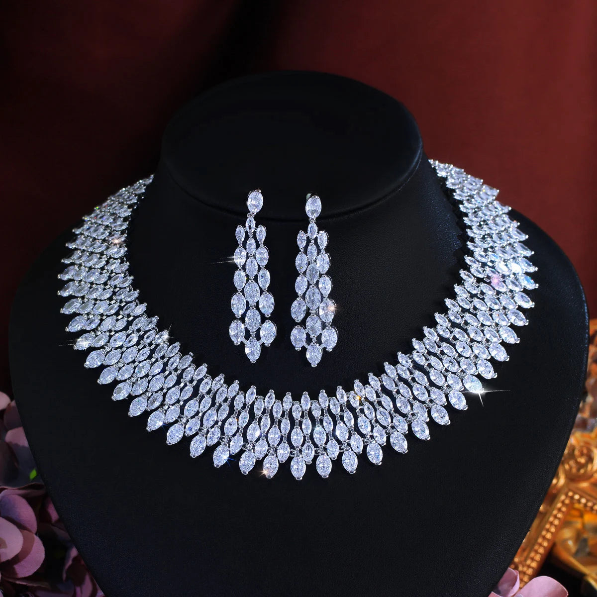 Cubic zirconia pave necklace set with teardrop drop earrings, silver-toned chain