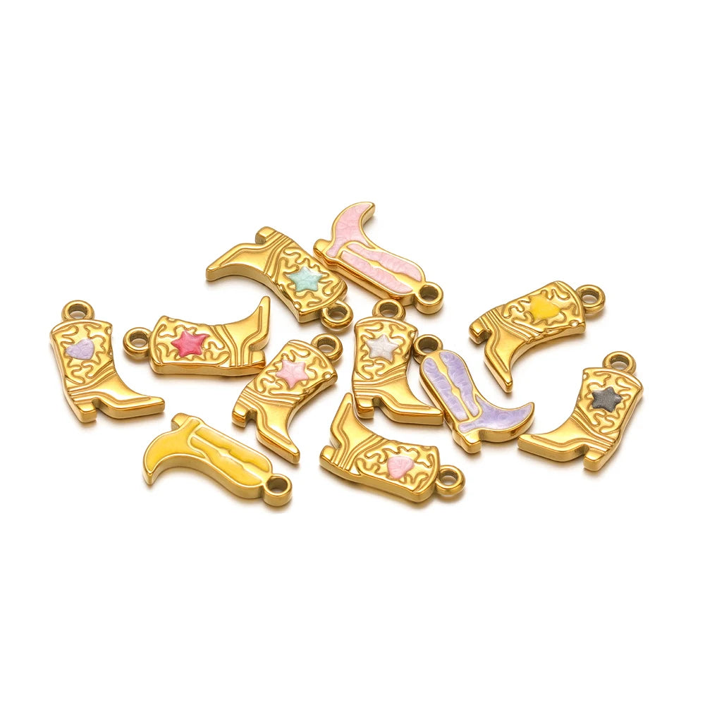 Set of gold-tone long boot charms with multicolor heart and star inlays