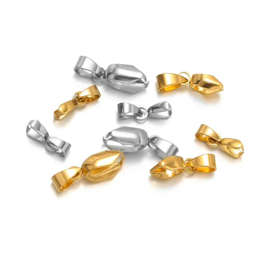 Assorted pinch bail connectors with loop hooks, gold and silver metal clips