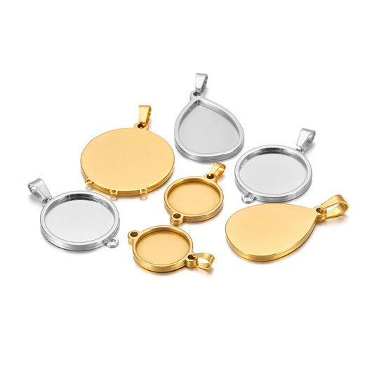 Round pendant cabochon setting trays, steel and gold-tone blank charms, 5-pack