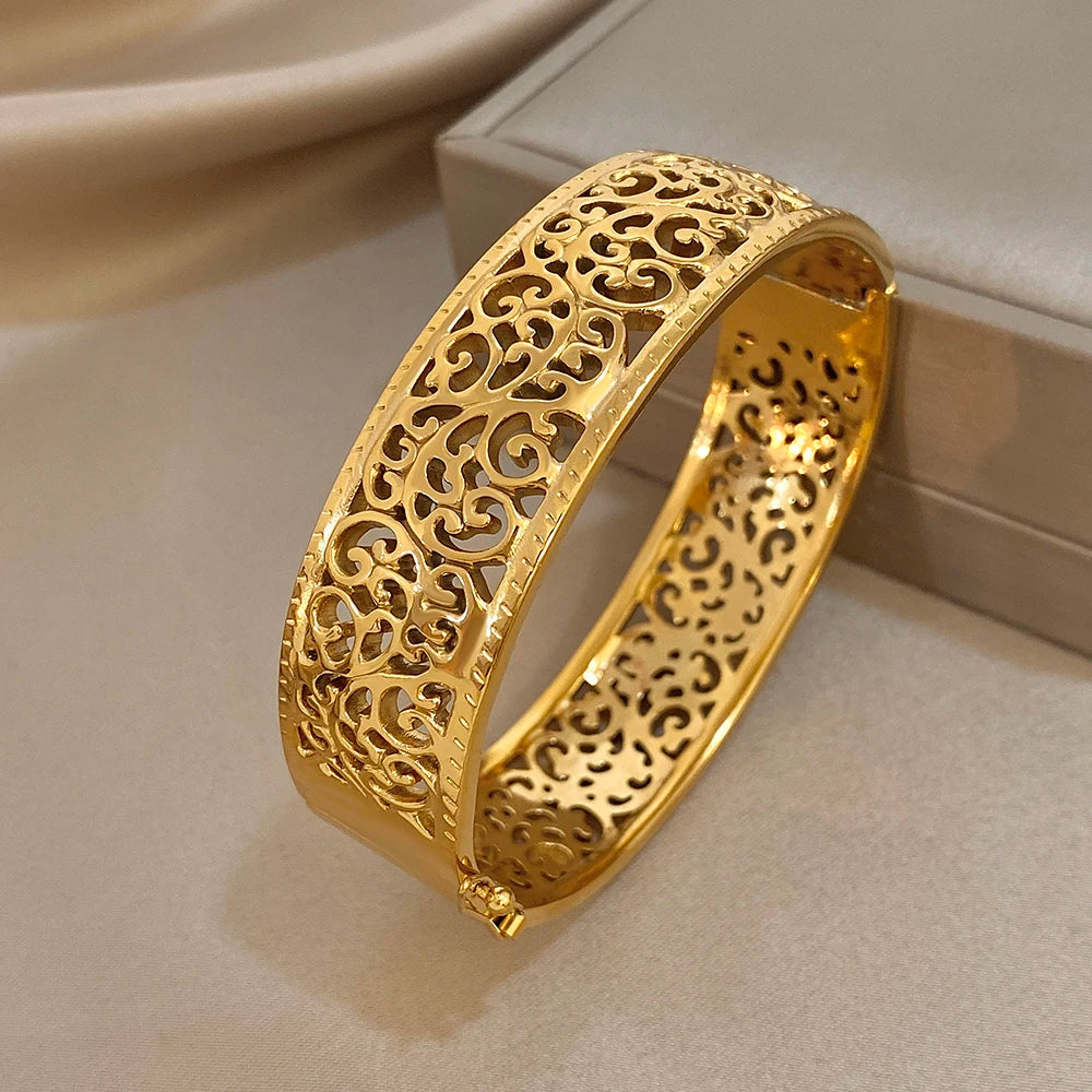Vintage Palace Geometric Carved Flower Bracelet for Women Chunky Gold Plated Stainless Steel Cuff Bangles Waterproof Jewelry