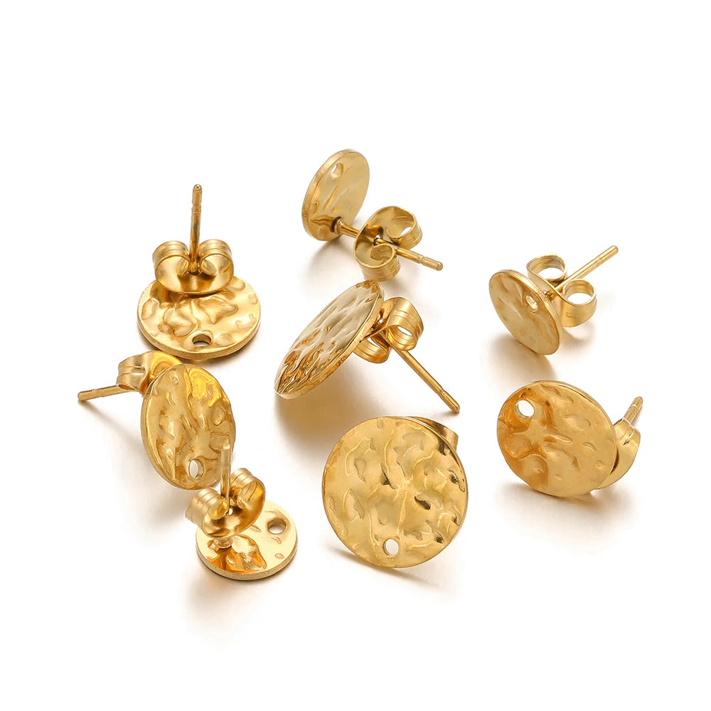 Gold-tone round embossed stud earrings with ripple texture, disc back and post, set of 10