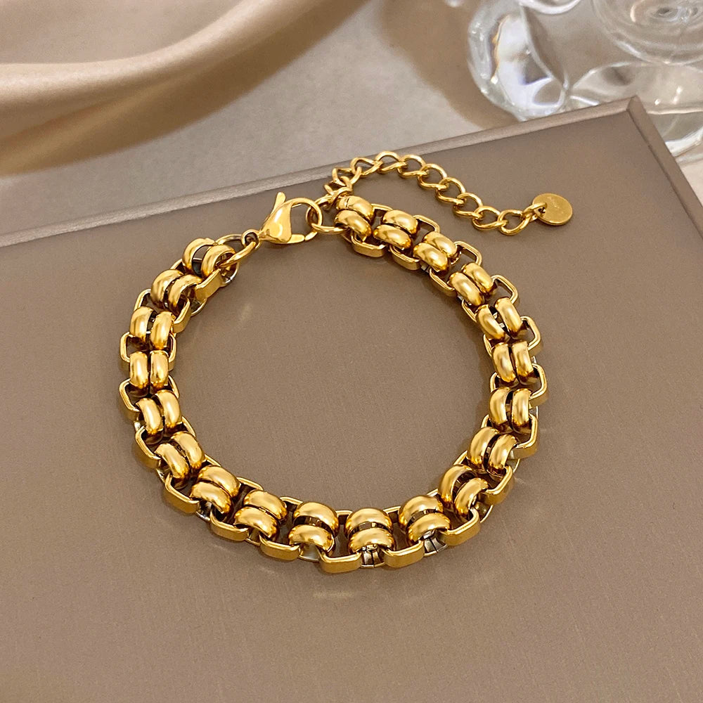 Chubby Geometric Circle Chain Bracelets for Women Fashion Gold Plated Stainless Steel Chunky Bracelet Waterproof Jewelry