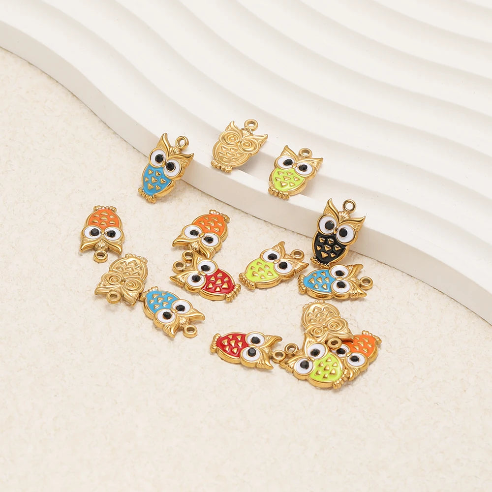 Enamel owl charm pendants with gold-tone frames, mixed blue green red belly colors