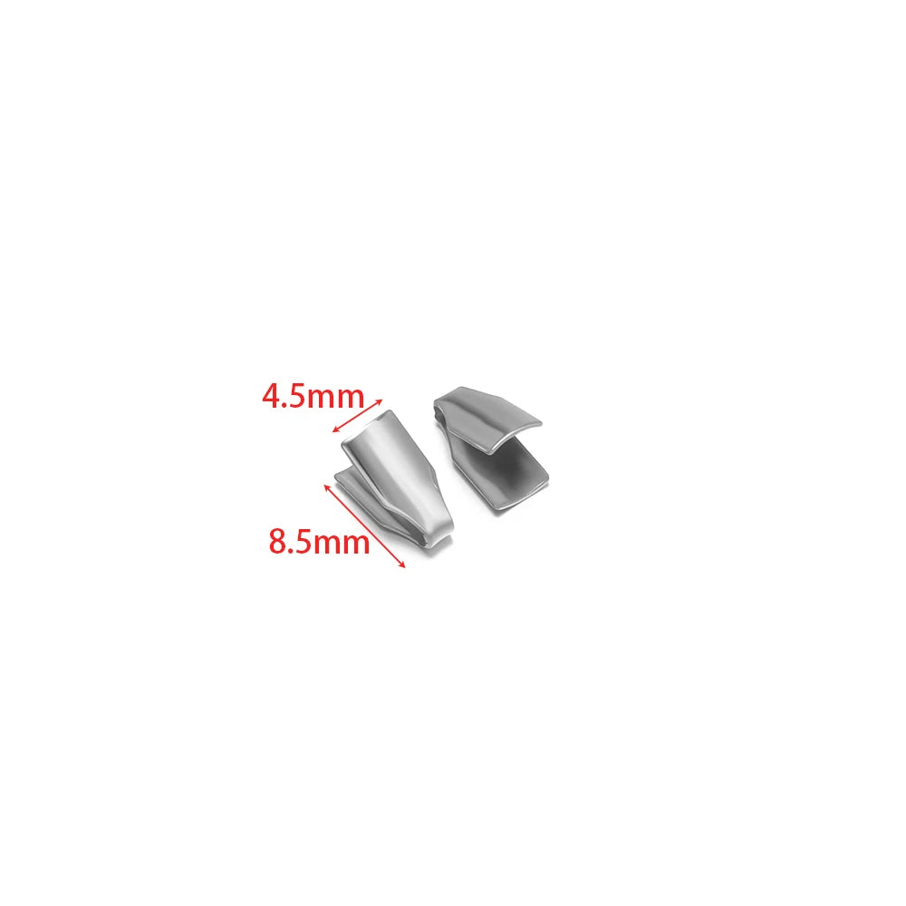 Silver fold-flat crimp end caps, size marked 4.5mm and 8.5mm