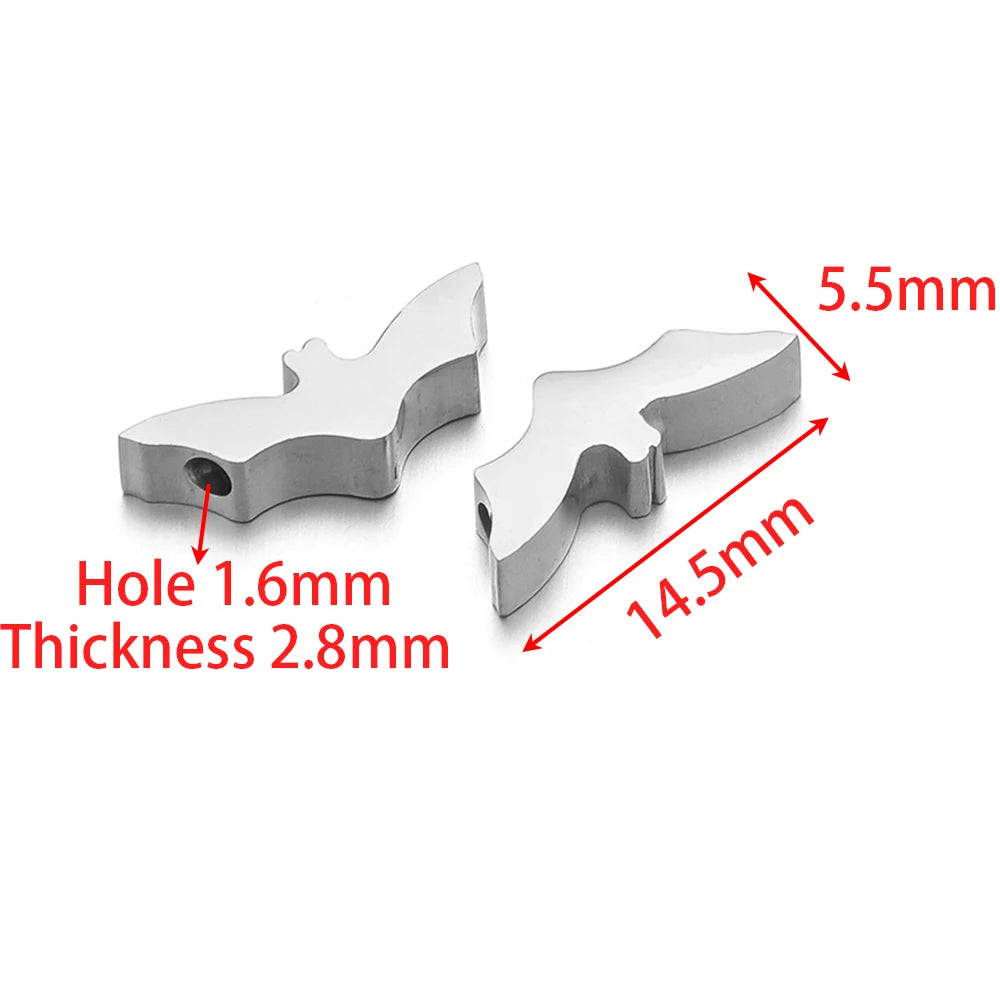 Mirror-polished stainless steel bat-style spacer beads, 1.6mm hole, 2.8mm thick