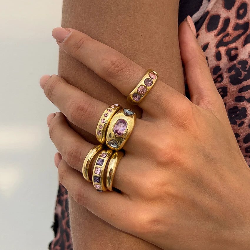 6Pcs Gold Adjustable Ring Daily Wear Jewelry Inlaid Purple Rhinestone Open Ring Set for Women