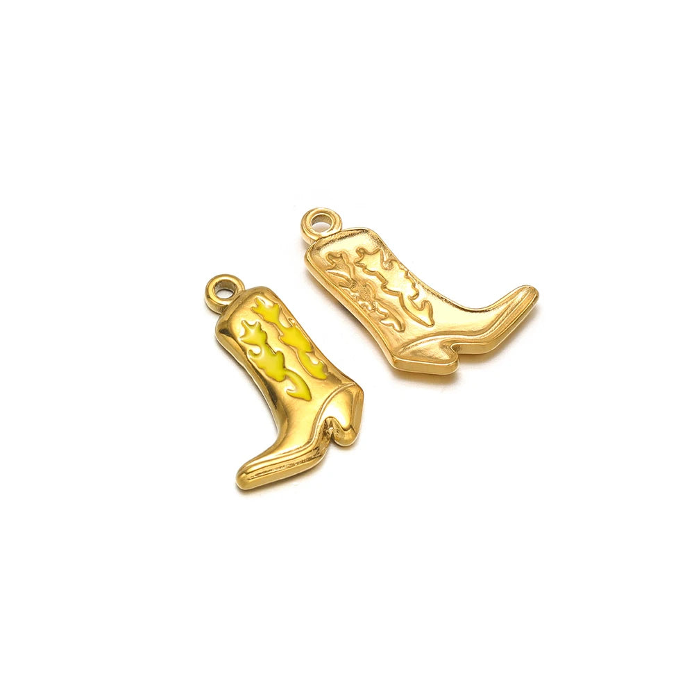 Set of two enamel boot charms, gold-tone; one yellow enamel, one gold