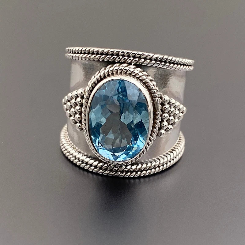 Silver Color Bright Blue Cubic Zirconia Wide Ring Luxury Party Jewelry m20