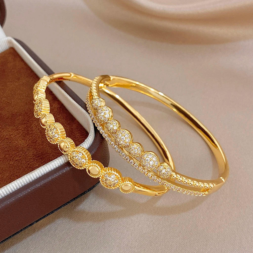 Gold-plated bead and zircon cuff bangle bracelets, set of 2