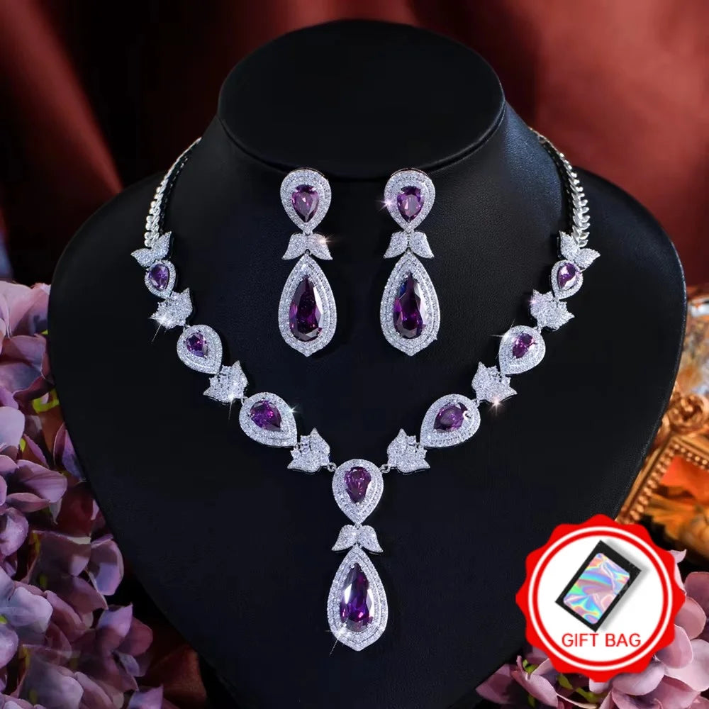 Purple teardrop crystal necklace and matching earrings set with gift bag