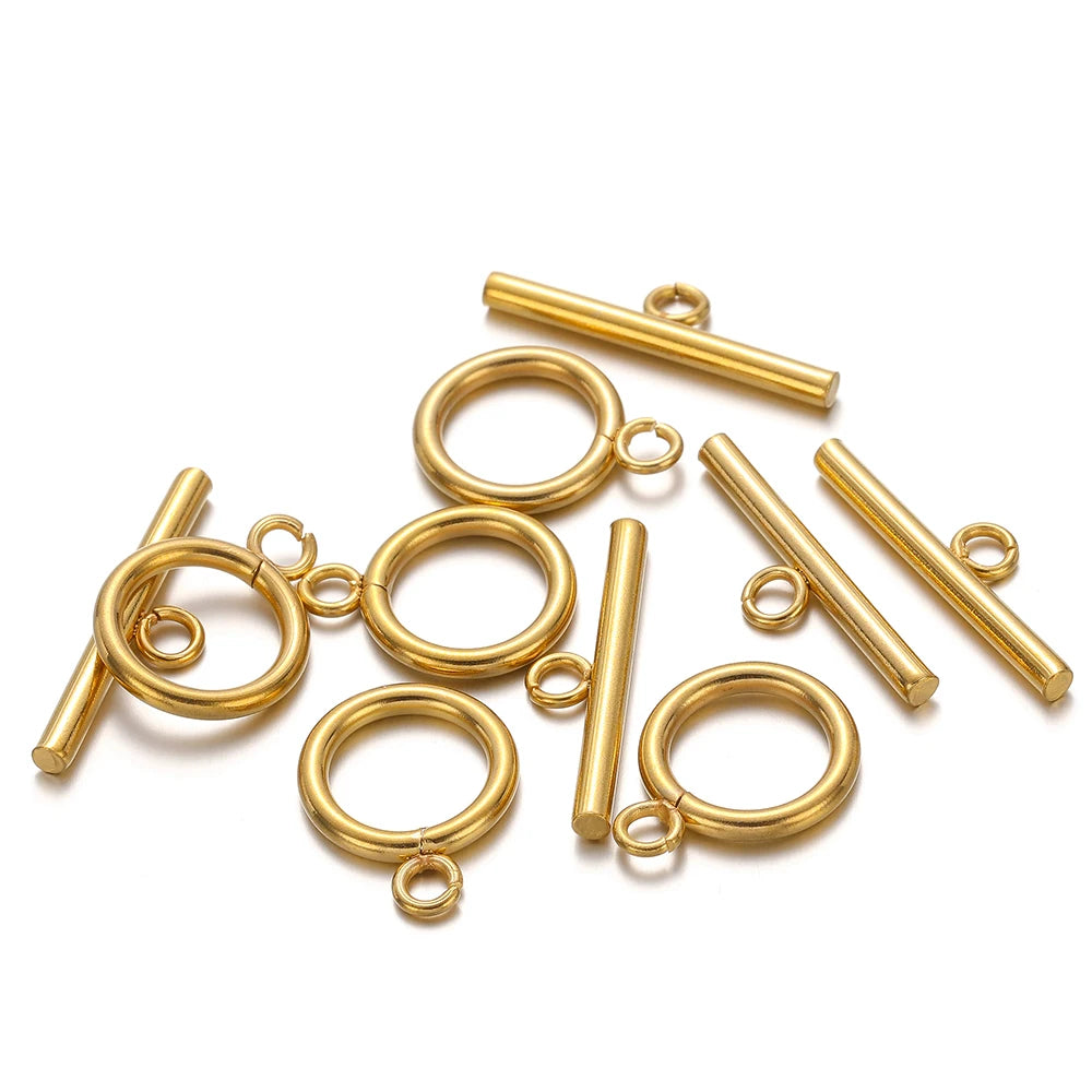 Gold-tone OT clasp connectors, round ring and straight bar pieces with eyelets