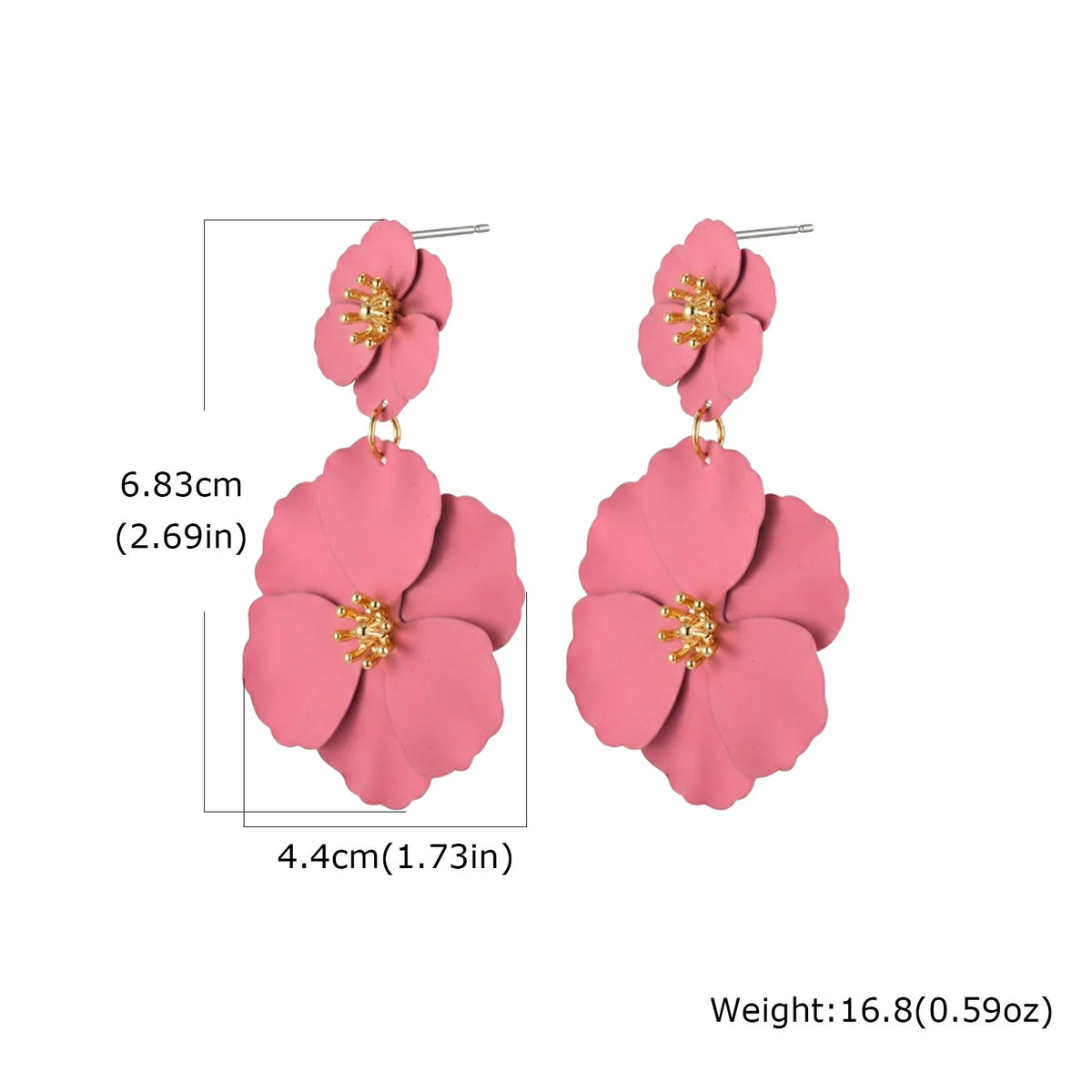 Pink double flower drop earrings with gold-tone centers and hooks