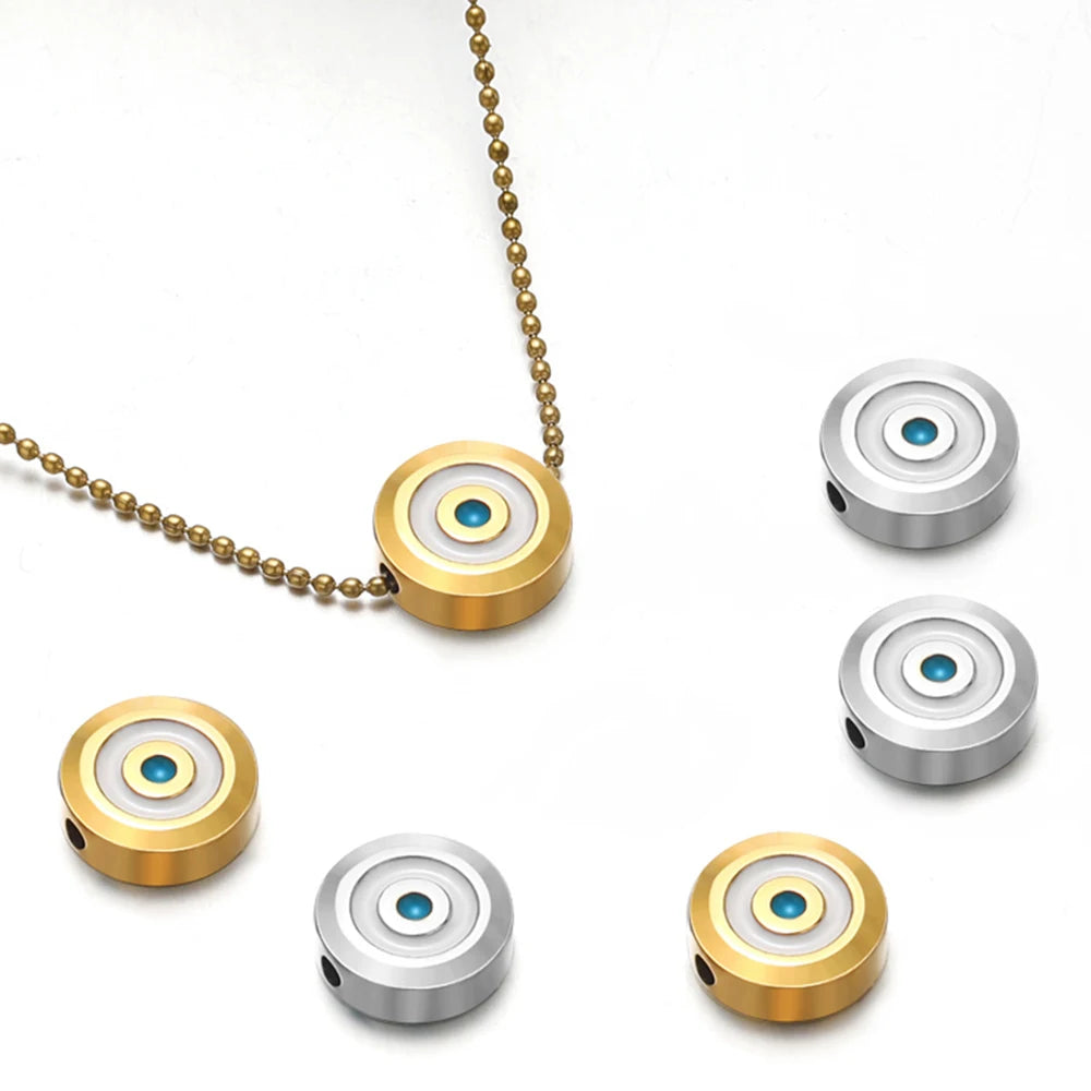 Set of round evil-eye enamel beads with blue center, in gold and steel colors