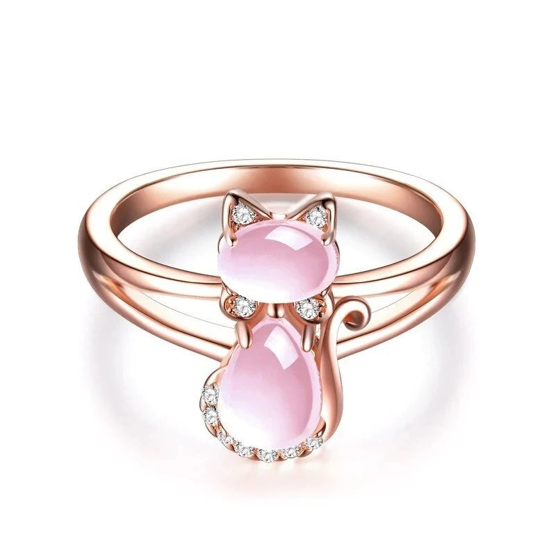 Cat ring with pink stones and rose gold band
