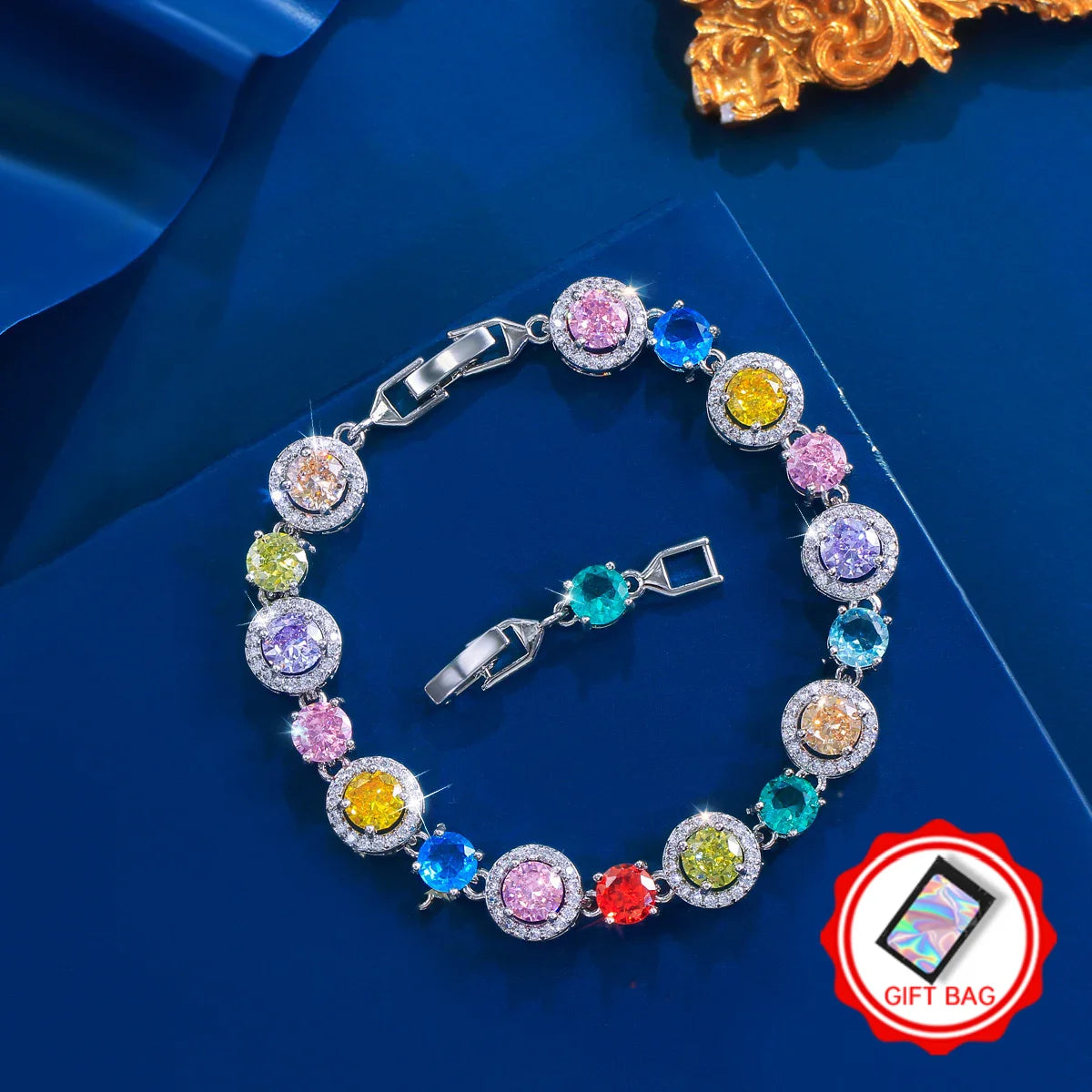 Silver-tone tennis bracelet with multicolor round stones and clear accents