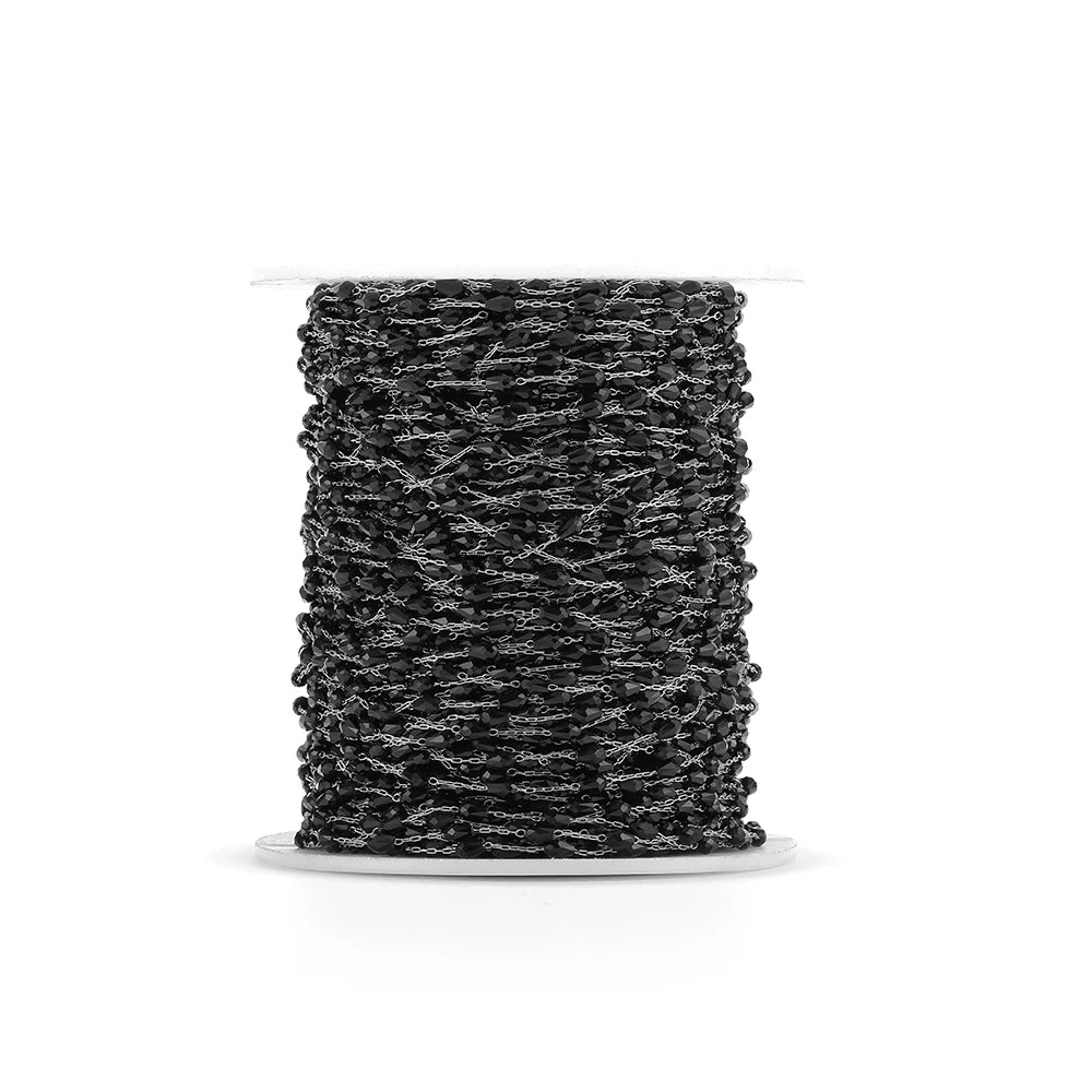Black oval crystal bead chain on spool, stainless steel wire for DIY jewelry