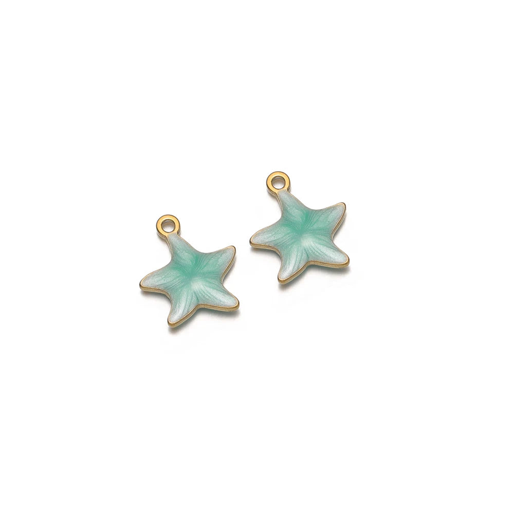 Light green enamel star charms with gold-tone loops, two-piece set