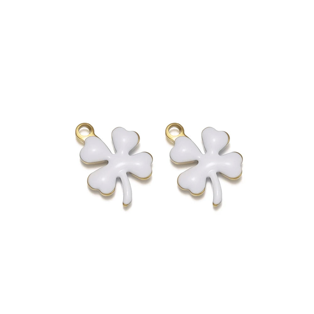 White enamel clover flower charms with gold-tone loop for DIY jewelry making