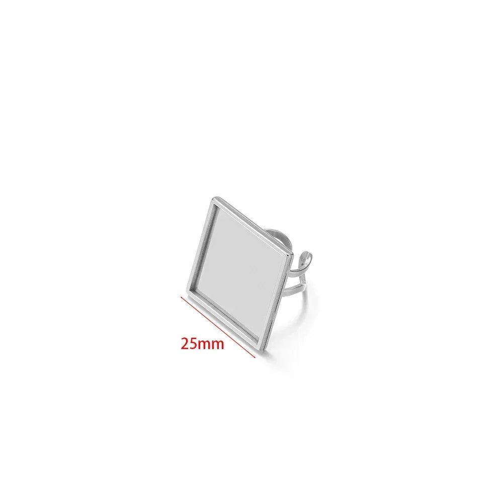 Silver-tone square open cabochon ring base, 25mm bezel size