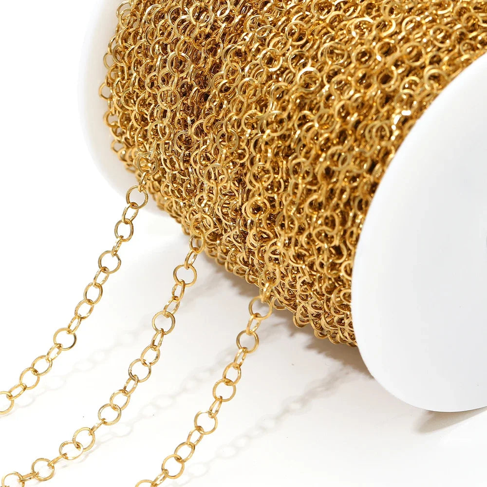 Gold o-ring chain on white spool, close-up of loop links