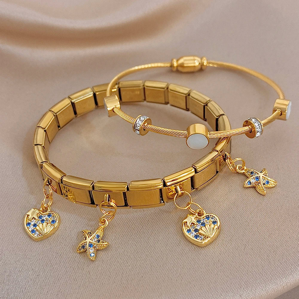Glossy Gold Plated Stainless Steel Cuff Bangle for Women Chic Zircon Elastic Star Heart Shell Charm Bracelets Waterproof Jewelry