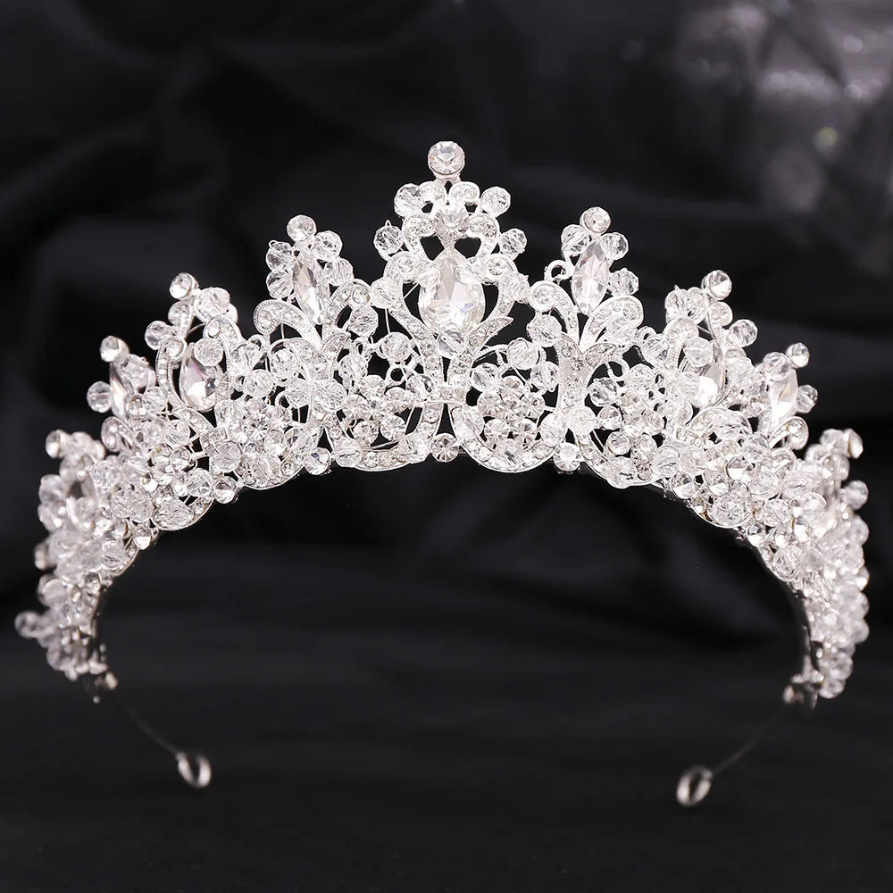 Silver-toned crystal bridal tiara crown with sparkling round and teardrop gems