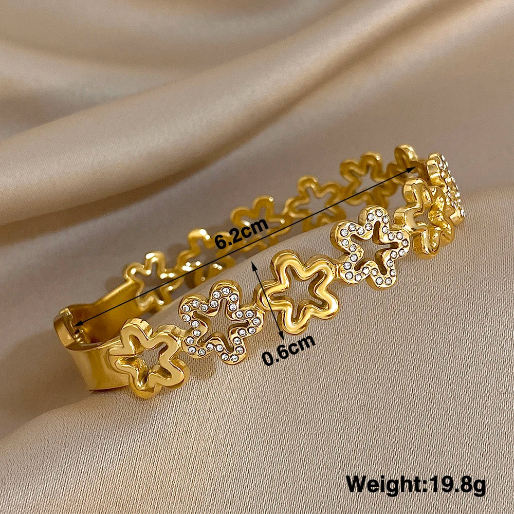 Irregular Zircon Flowers Stainless Steel Bracelet for Women Stylish Gold Plated Cuff Bangle Bracelets Waterproof Jewelry