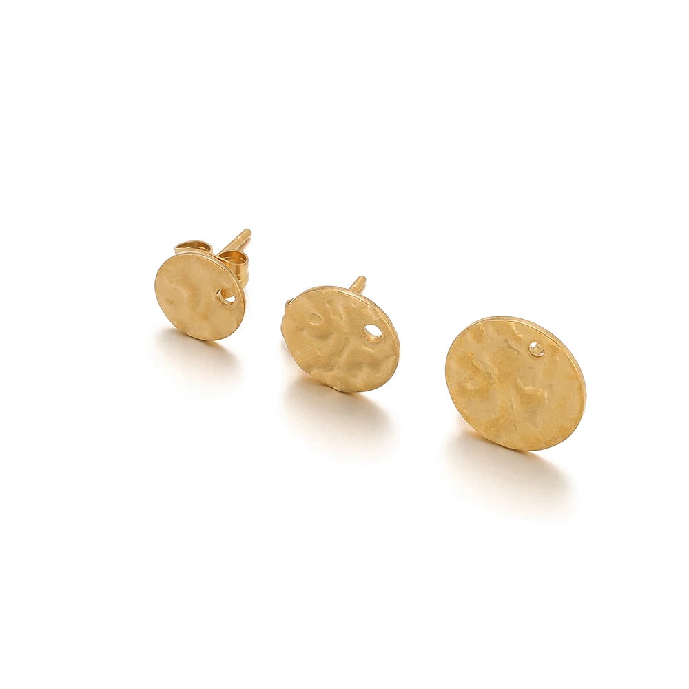 Gold-tone round embossed stud earrings, textured ripple disc with metal post backs