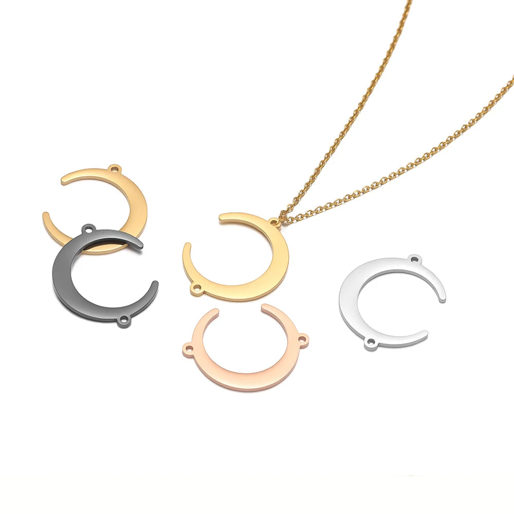 Moon-shaped pendant charms with hanging chains, double-hole connectors in mixed finishes