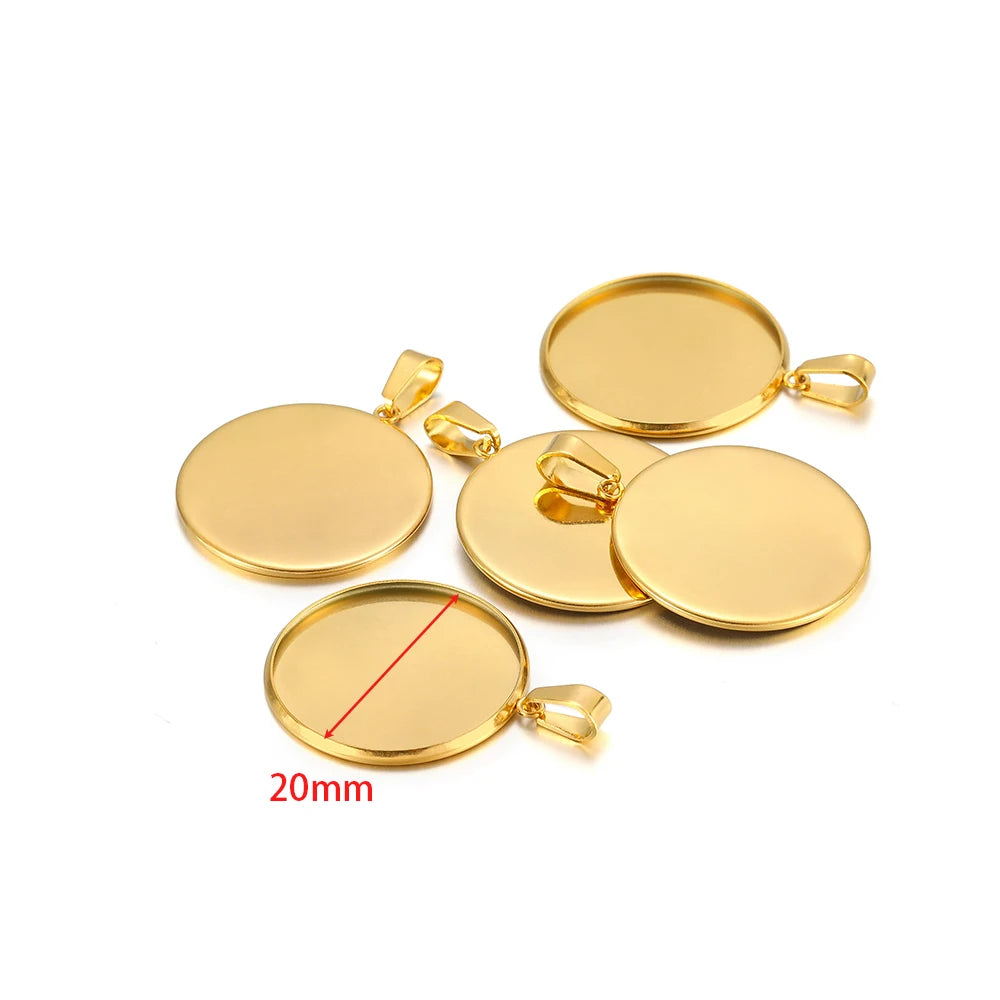 Gold cabochon bezel settings, round trays with top bails, 20mm shown, 10pcs
