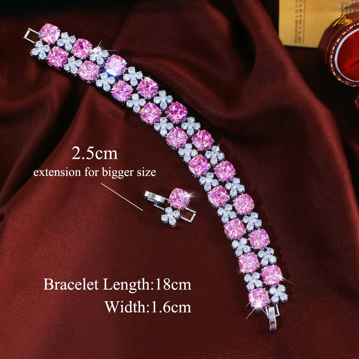 Pink and clear cubic zirconia flower tennis bracelet with clasp and 2.5 cm extension
