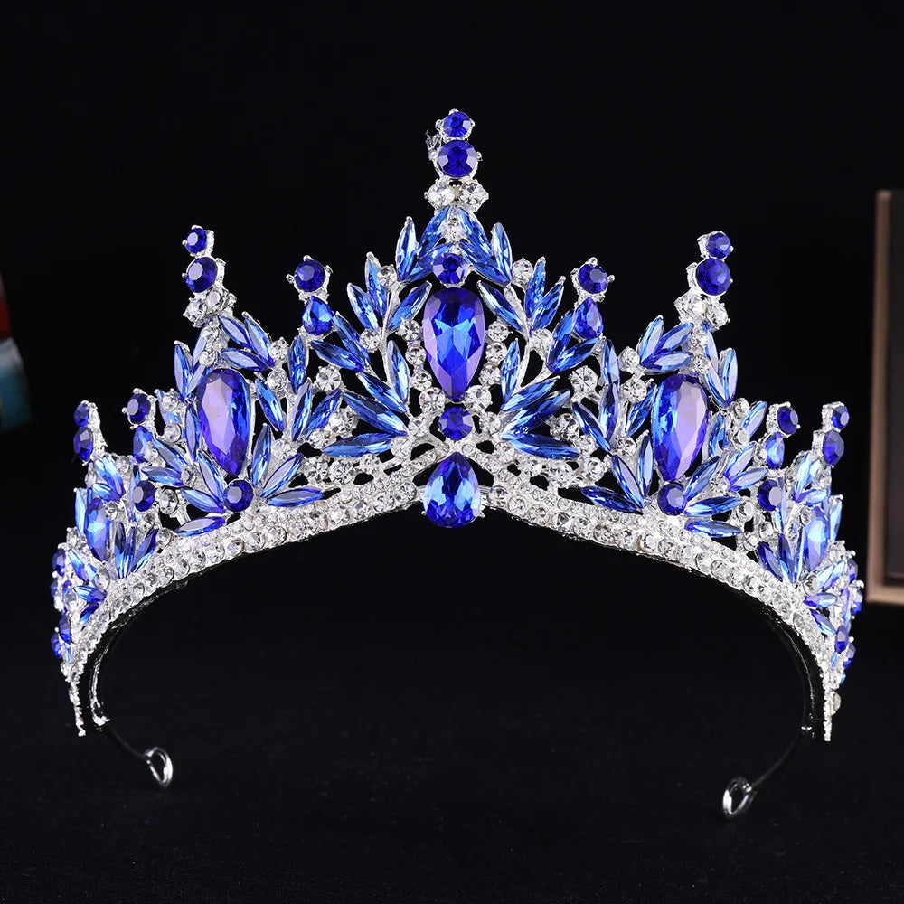 Blue crystal tiara with silver-tone band and faceted marquise stones