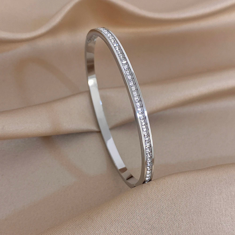 Trendy Silver Color Stainless Steel Cuff Bangle for Women Chunky Zircon Heart Charms Stacked Bracelets Waterproof Jewelry