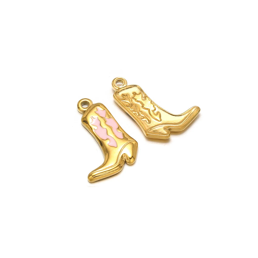 Gold-tone boot charm pendant with pink enamel, loop bail on top