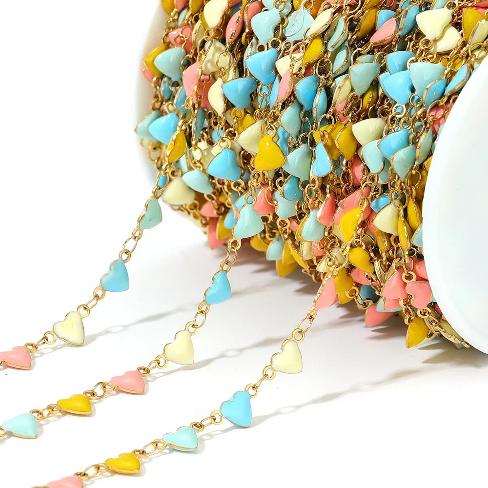 Multi-color enamel heart charm chain with gold-tone links and small heart drops