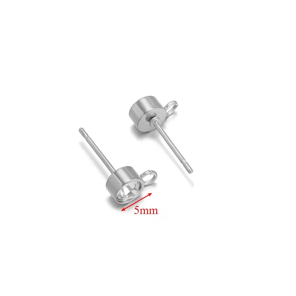 Silver zircon stud earring posts with loop hook, 5mm round stones, angled pair