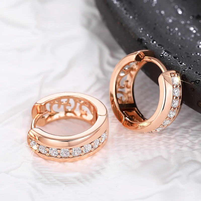 Rose gold CZ hollow hoop earrings with pave crystal accents