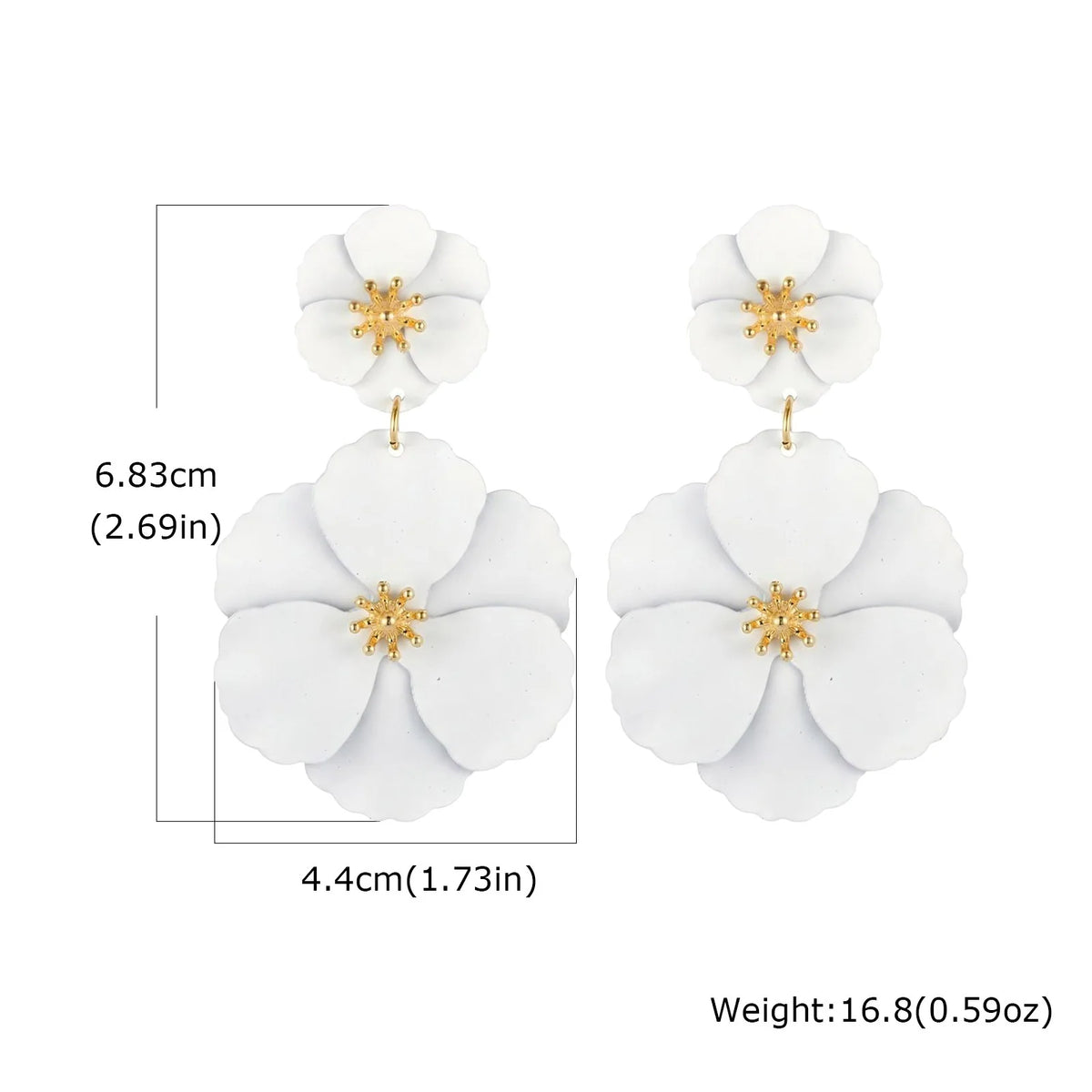White double floral drop earrings with gold-tone centers and hooks