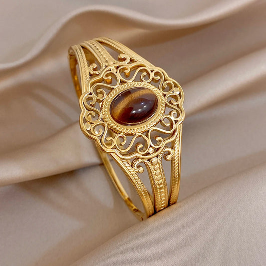 Retro Gold Plated Stainless Steel Cuff Bangle for Women Exaggerated Carved Flower Tiger's Eye Stone Bracelets Waterproof Jewelry