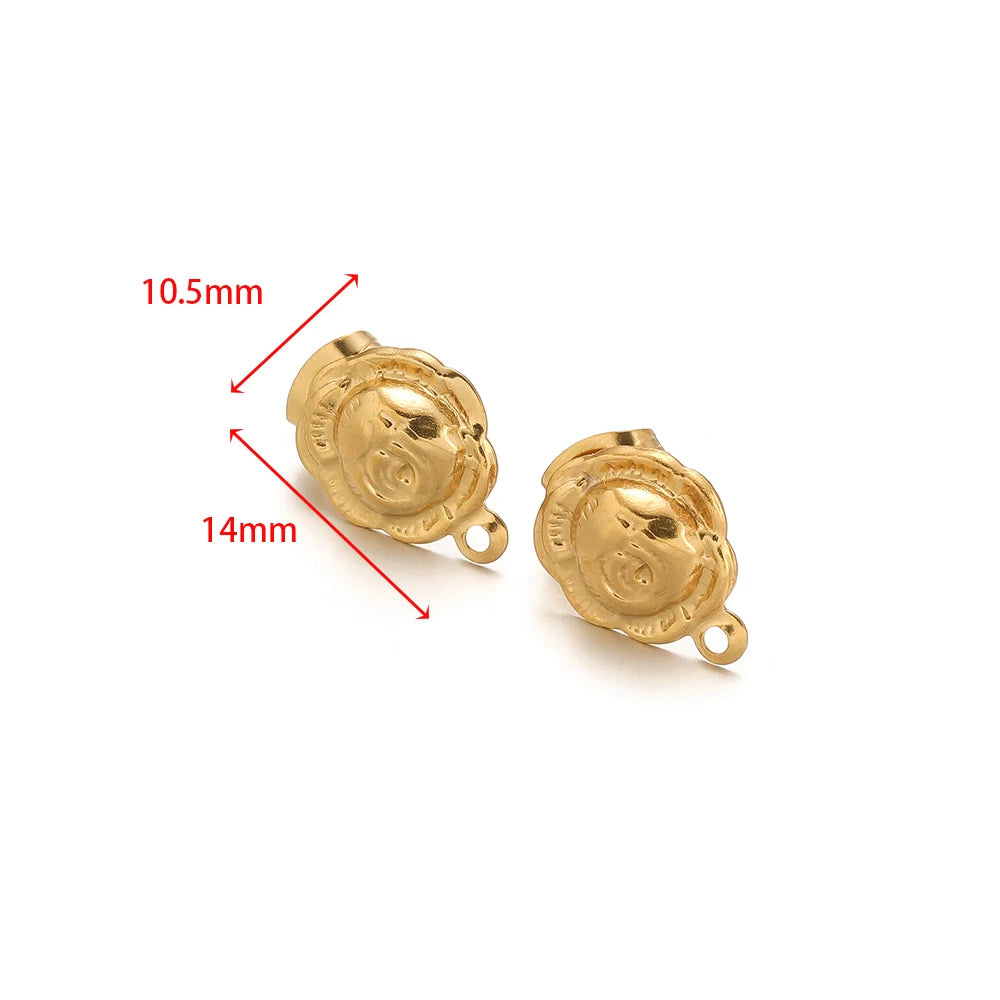 Gold sunflower stud earring charms, 10.5mm by 14mm shown, loop back hooks, pair