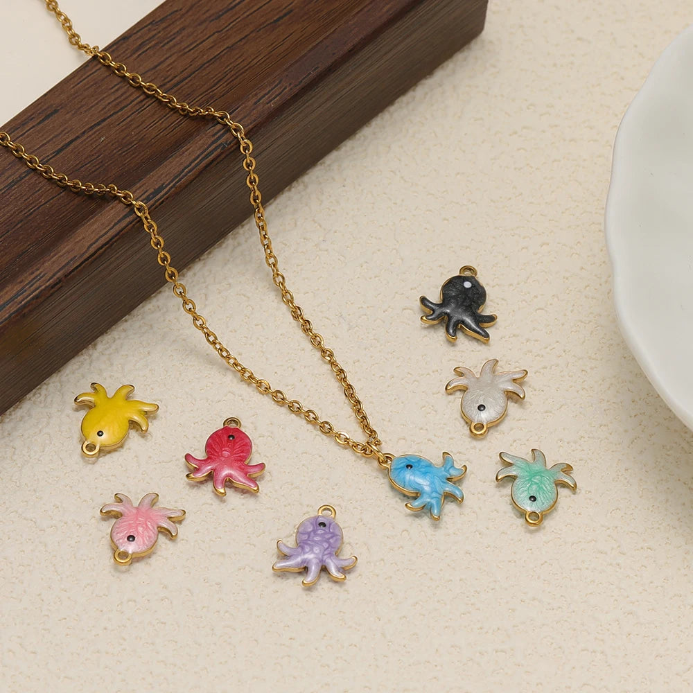Enamel octopus charms for jewelry making, colorful mix with gold-tone loops