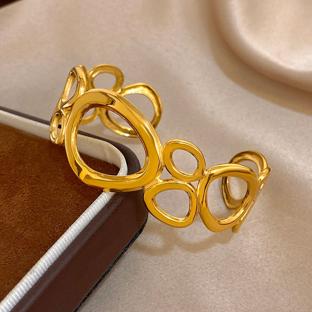 Irregular Geometric Hollow Circle Wide Bracelet Fashion Gold Plated Stainless Steel Cuff Bangle Bracelets Waterproof Jewelry