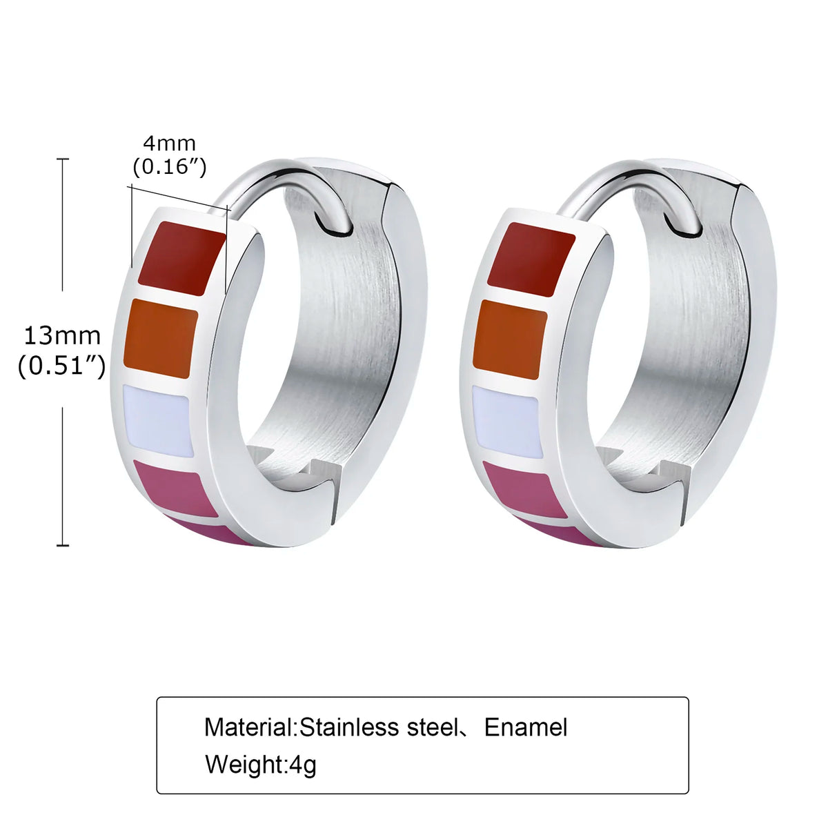 Stainless steel hinged huggie hoops with red, orange, white, and magenta enamel stripes