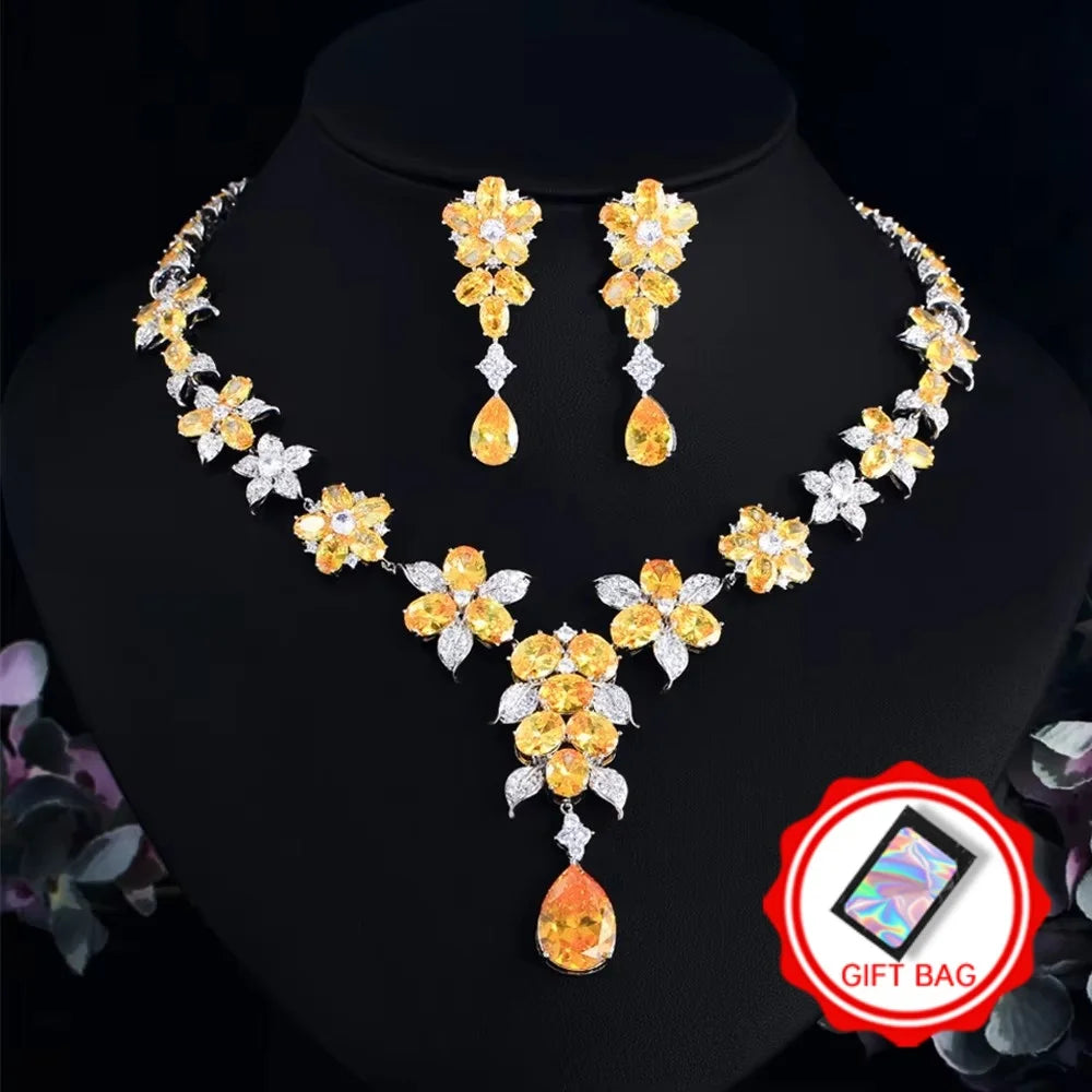 Yellow and clear flower zircon necklace and matching earrings with a gift bag