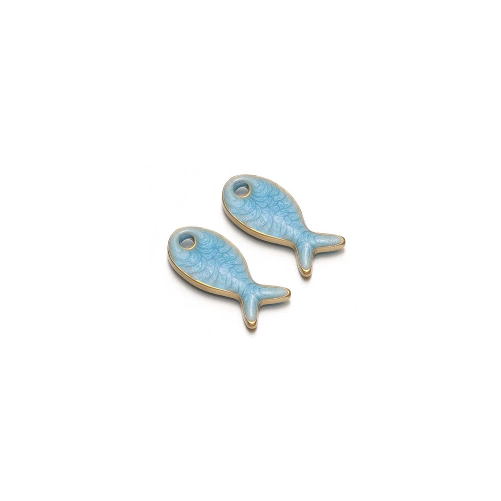 Blue drip fish charms, double-sided stainless steel pendant blanks, pair