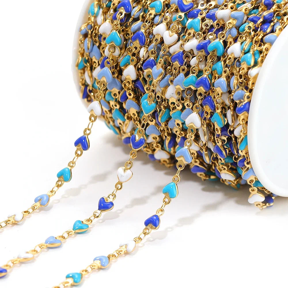 Gold-tone stainless heart link chain with blue enamel heart charms
